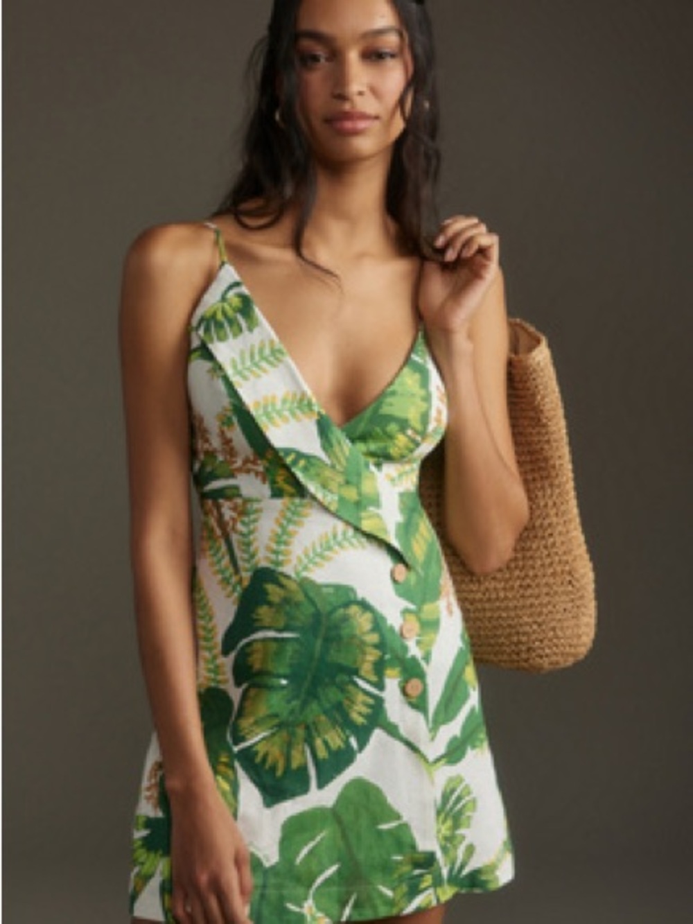 FARM Rio Green & White Tropical Leaf Mini Dress
